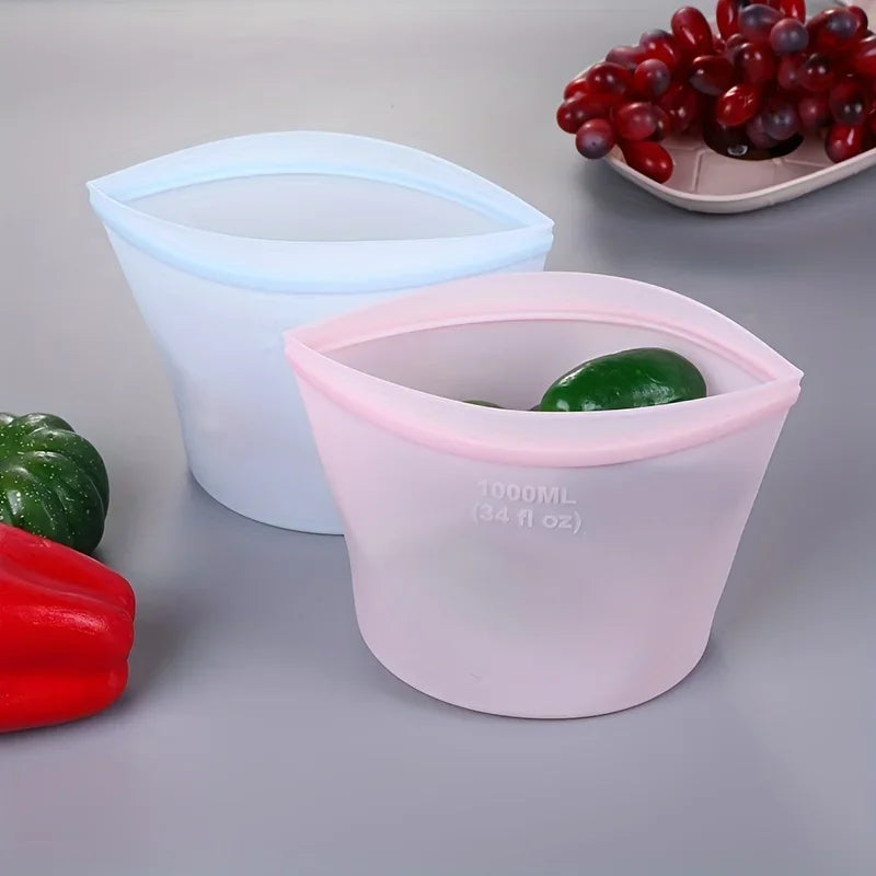 3PCS Reusable Silicone Food Storage Bags – Leakproof Ziplock Containers (500ml–1500ml)