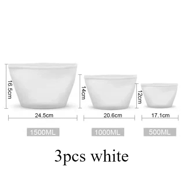 3PCS Reusable Silicone Food Storage Bags – Leakproof Ziplock Containers (500ml–1500ml)